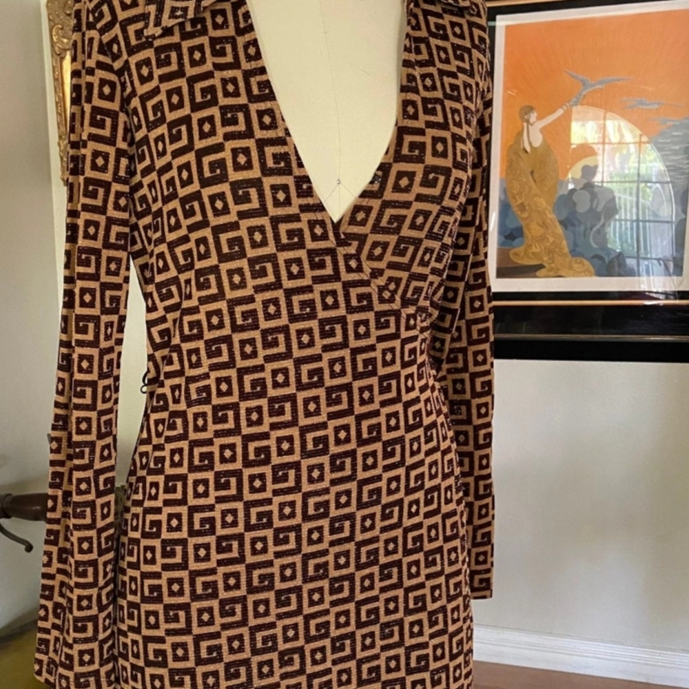 Love Brown Tan Sheath Dress with Plunge Neckline